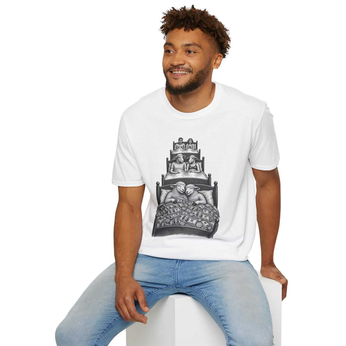 Waking up from the Love of Money Sheep Unisex Softstyle T-Shirt