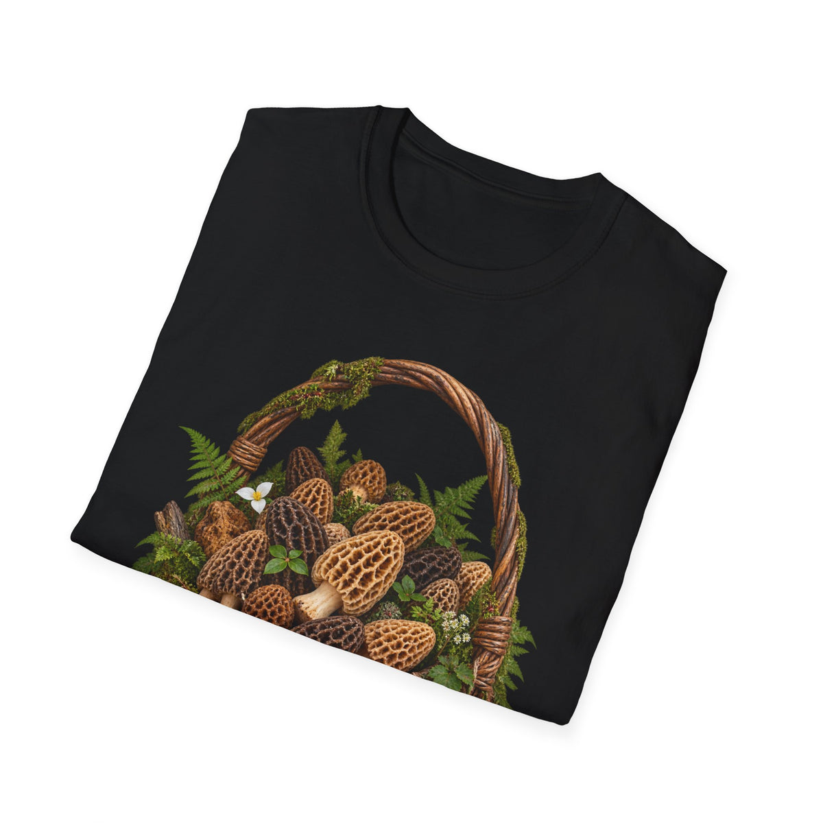 Morel Mushroom Basket T-Shirt Woodland Foraging Nature Graphic Tee Unisex Softstyle T-Shirt