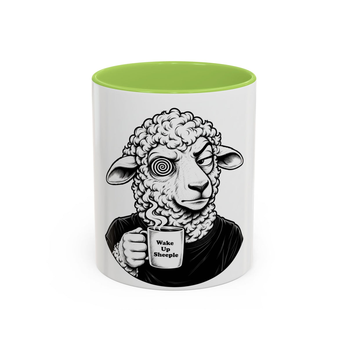 Wake Up Sheeple Coffee Mug — Black-Accent Ceramic Mug with Sheep Illustration