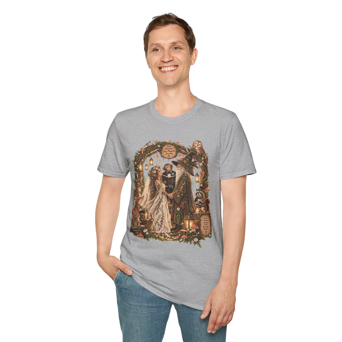 Woodland Wizard Wedding Fantasy T-Shirt — Fairy Tale Bride & Groom Illustration