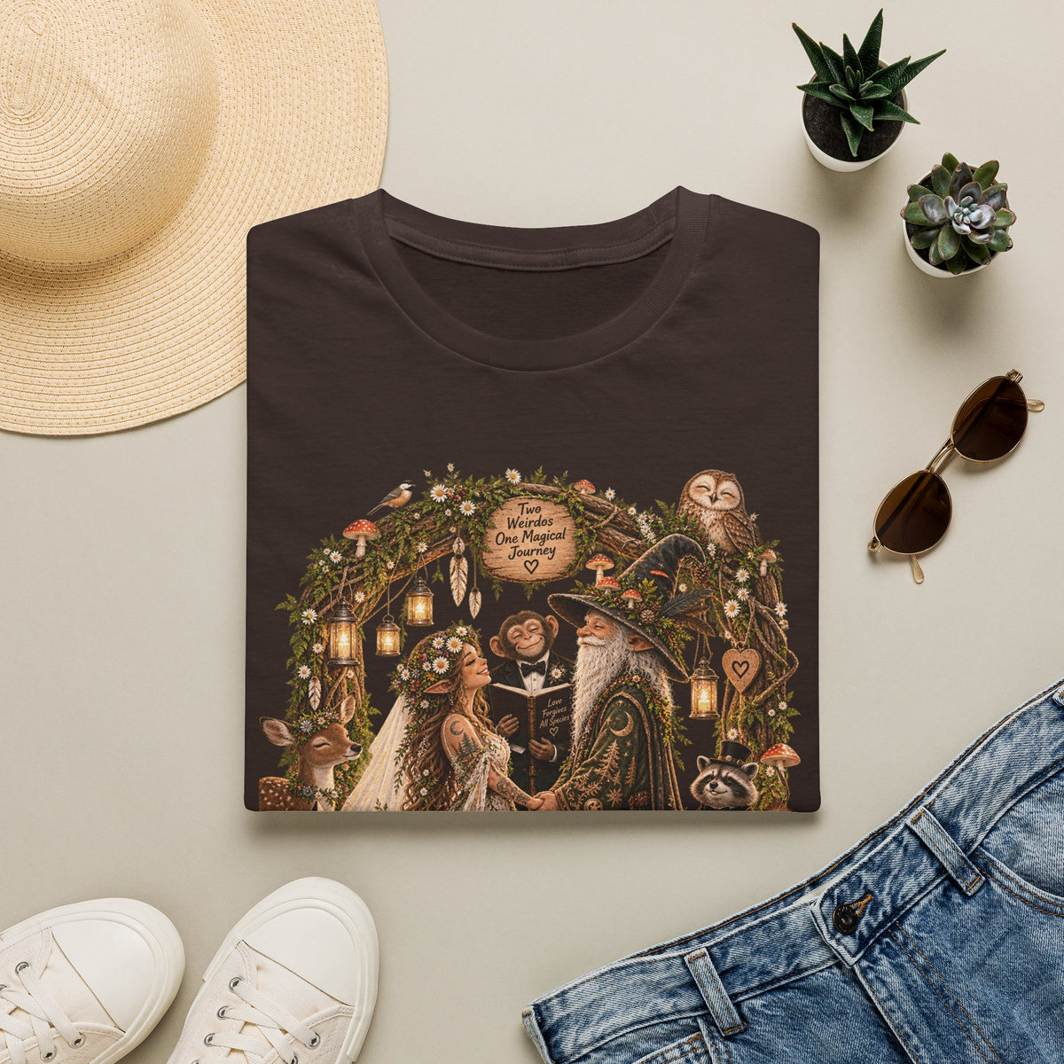 Woodland Wizard Wedding Fantasy T-Shirt — Fairy Tale Bride & Groom Illustration
