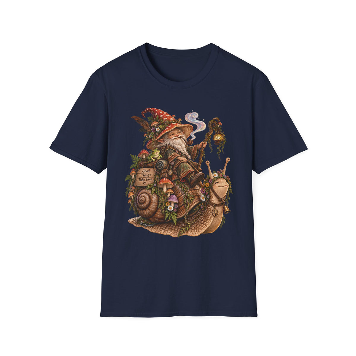 Mushroom Wizard Riding Snail T-Shirt  Whimsical Fantasy Illustration Tee