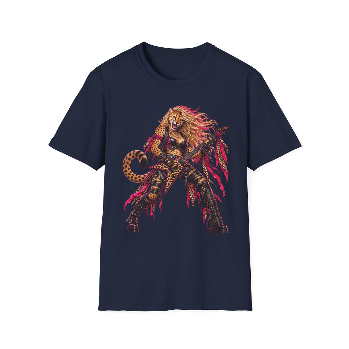Glam Metal Cheetah Guitarist T-Shirt — Retro 80s Rock Woman Graphic Tee