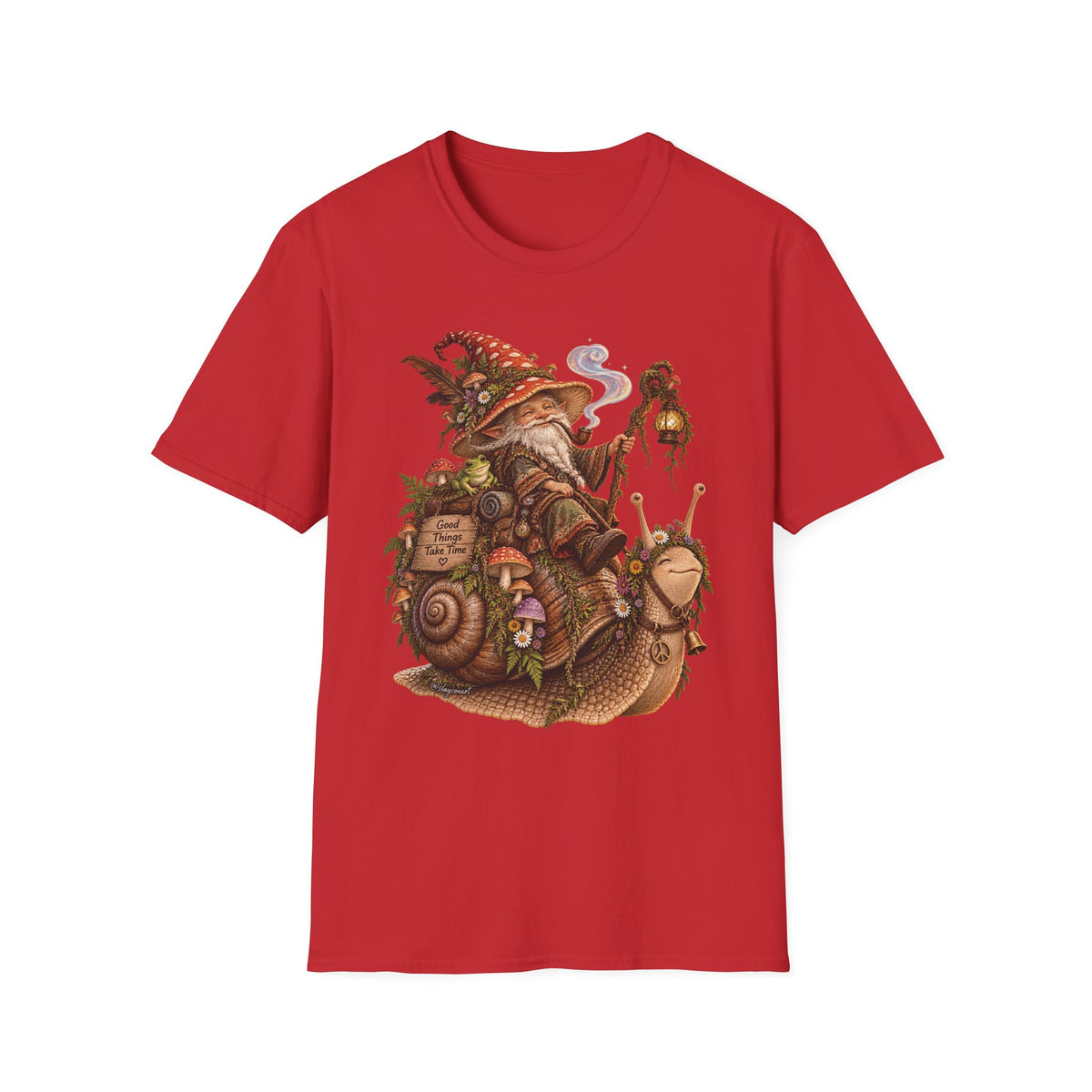 Mushroom Wizard Riding Snail T-Shirt  Whimsical Fantasy Illustration Tee