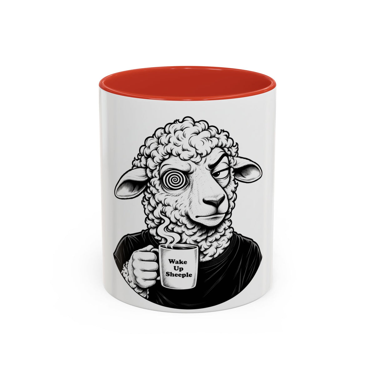 Wake Up Sheeple Coffee Mug — Black-Accent Ceramic Mug with Sheep Illustration