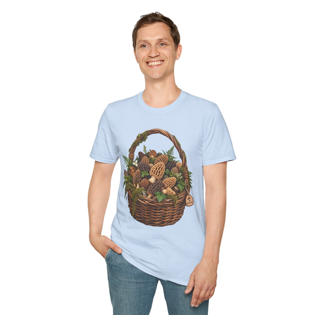 Morel Mushroom Basket T-Shirt Woodland Foraging Nature Graphic Tee Unisex Softstyle T-Shirt