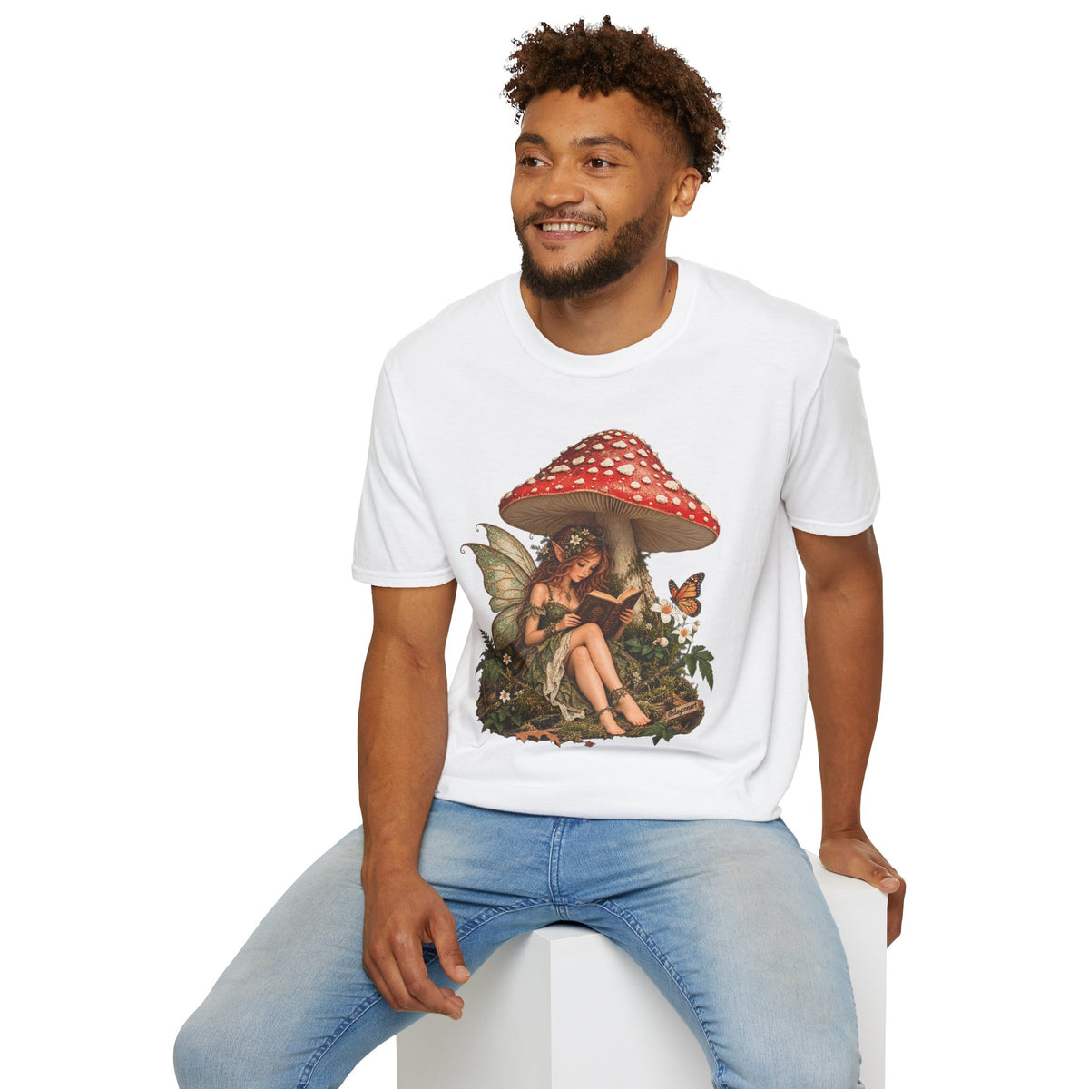 Fairy Mushroom T-Shirt — Woodland Fairy Reading Under Red Toadstool