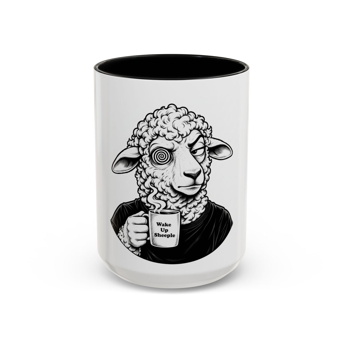 Wake Up Sheeple Coffee Mug — Black-Accent Ceramic Mug with Sheep Illustration