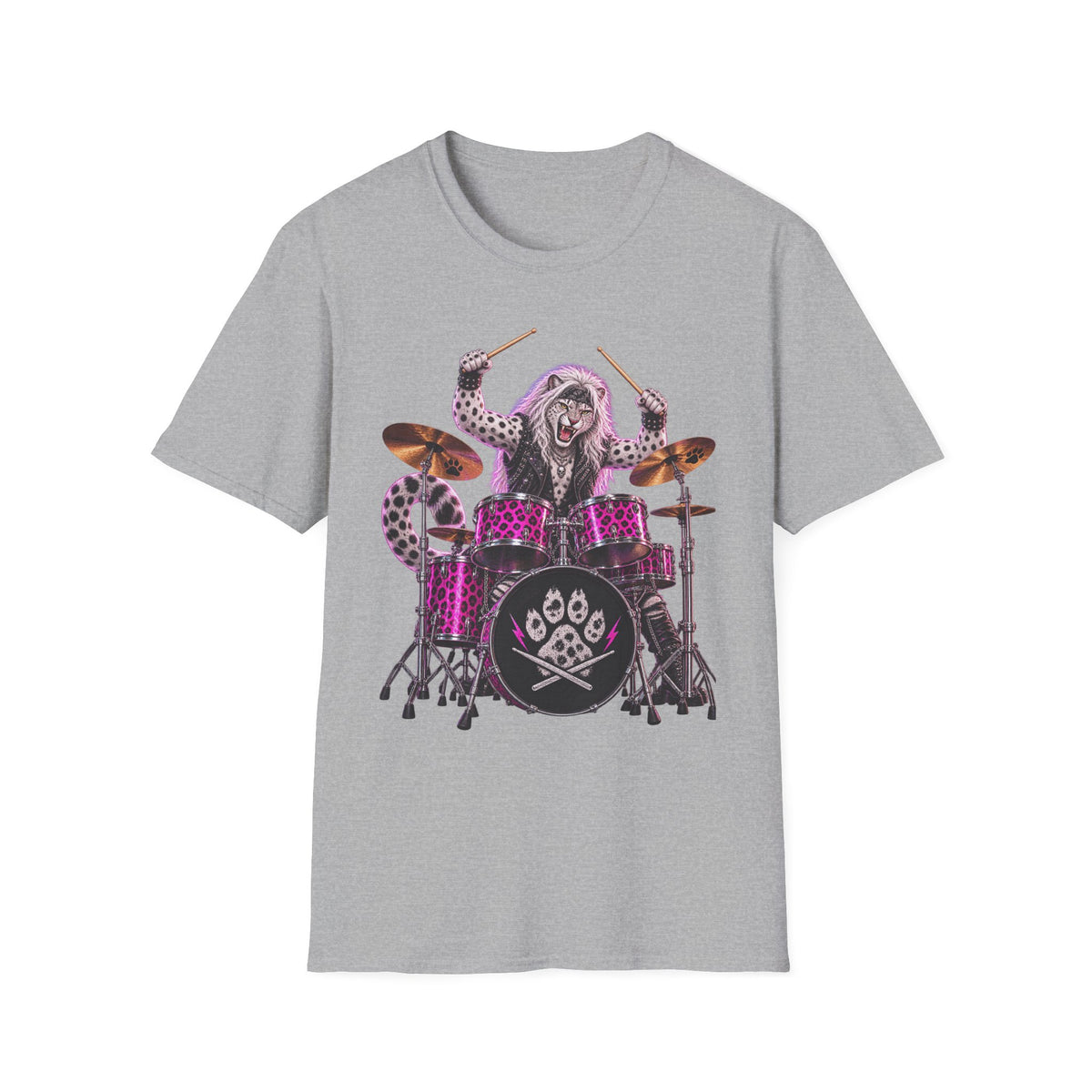 Drumming Snow Leopard T-Shirt — Cute Rock Band Animal Drum Kit Tee