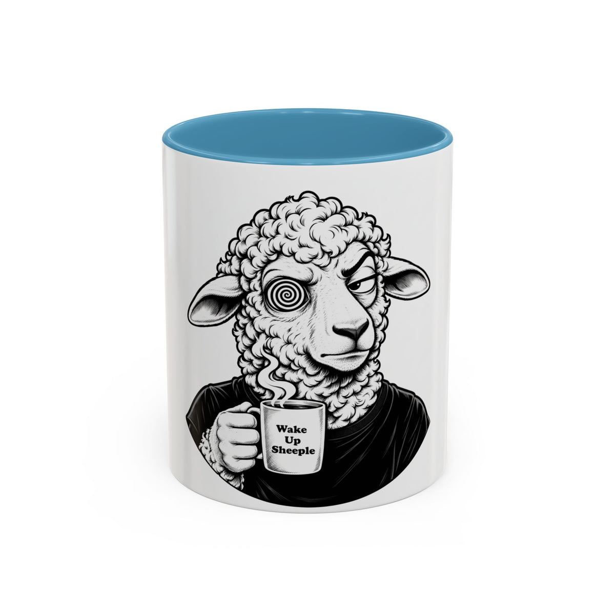 Wake Up Sheeple Coffee Mug — Black-Accent Ceramic Mug with Sheep Illustration