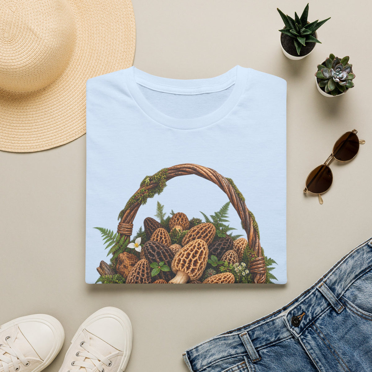 Morel Mushroom Basket T-Shirt Woodland Foraging Nature Graphic Tee Unisex Softstyle T-Shirt