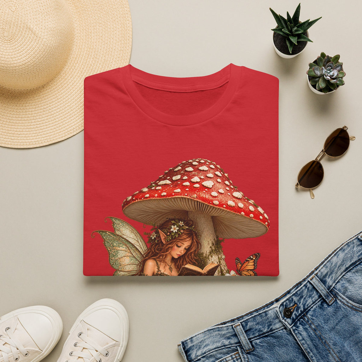Fairy Mushroom T-Shirt — Woodland Fairy Reading Under Red Toadstool