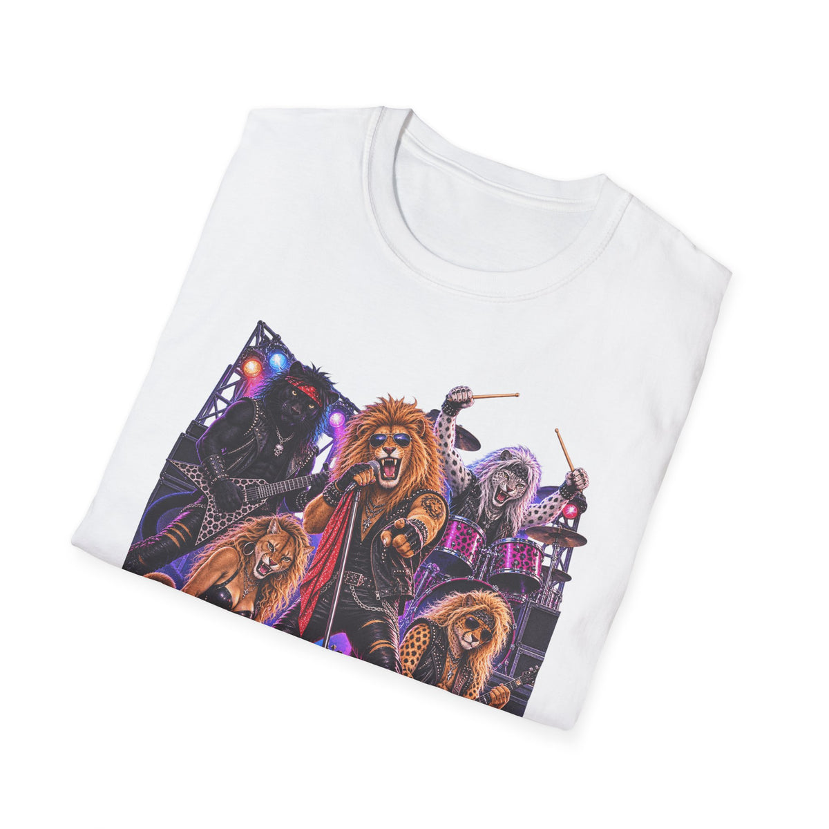 Neon Lights Retro 80s Big Cat Rock Band Graphic Tee