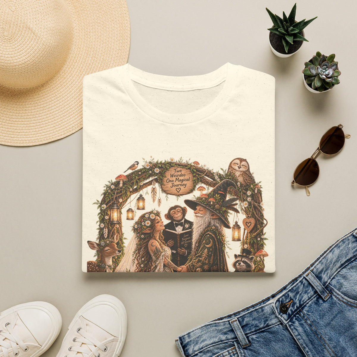 Woodland Wizard Wedding Fantasy T-Shirt — Fairy Tale Bride & Groom Illustration