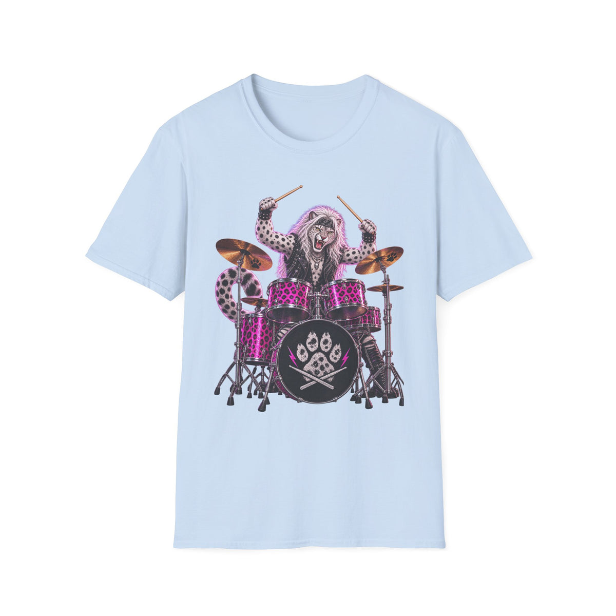 Drumming Snow Leopard T-Shirt — Cute Rock Band Animal Drum Kit Tee
