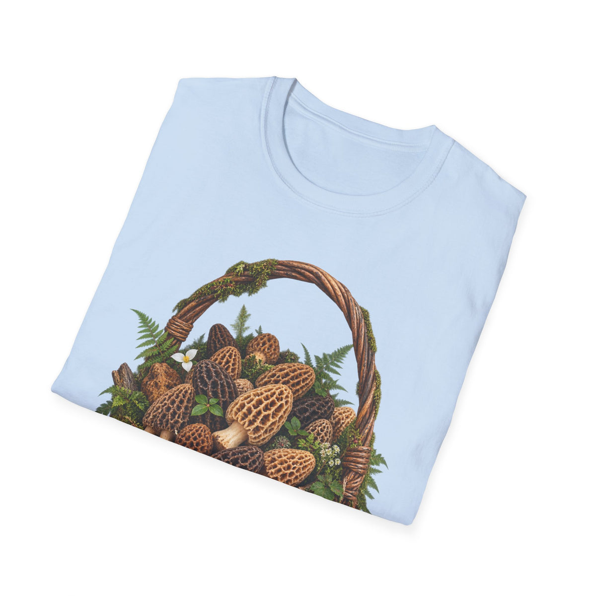 Morel Mushroom Basket T-Shirt Woodland Foraging Nature Graphic Tee Unisex Softstyle T-Shirt