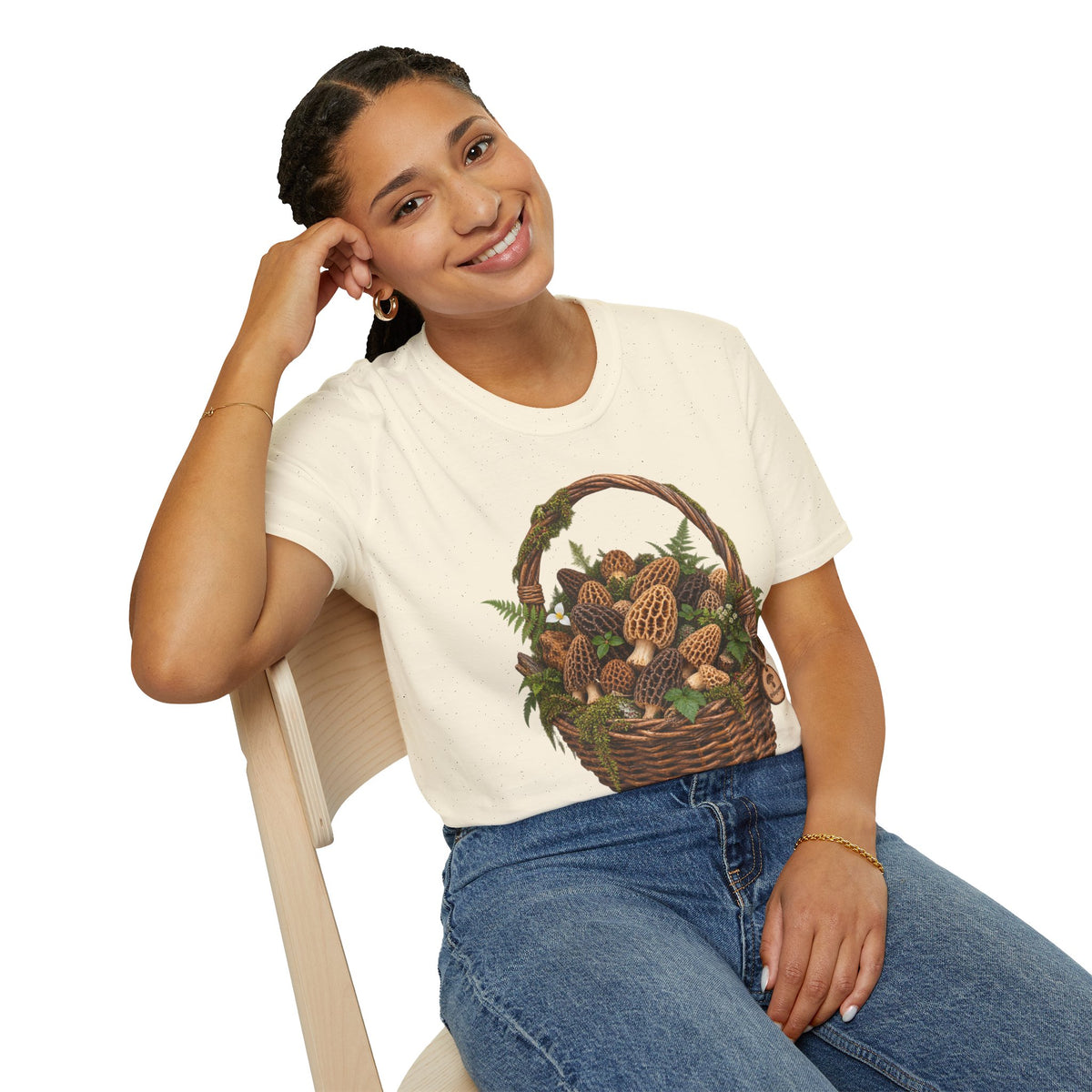 Morel Mushroom Basket T-Shirt Woodland Foraging Nature Graphic Tee Unisex Softstyle T-Shirt