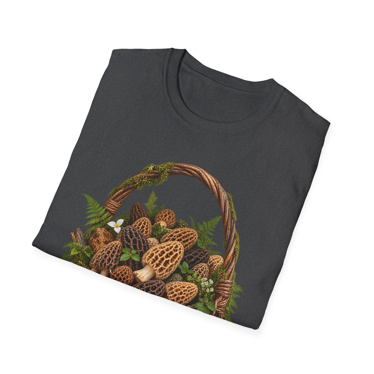 Morel Mushroom Basket T-Shirt Woodland Foraging Nature Graphic Tee Unisex Softstyle T-Shirt